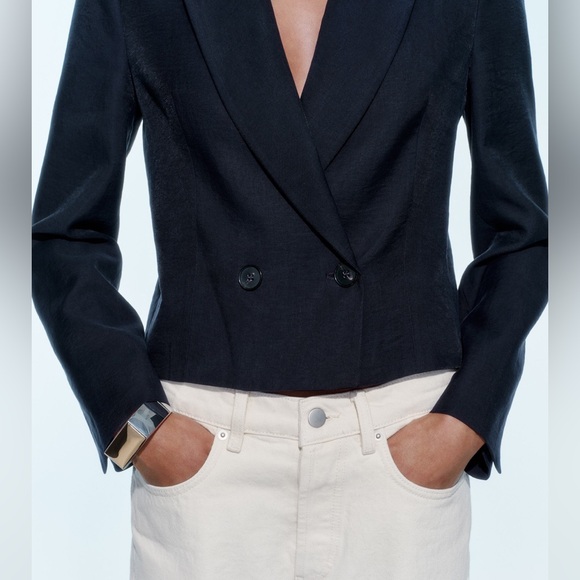 NWT ZARA CROPPED SHOULDER PAD NAVY BLAZER XS - Picture 4 of 9